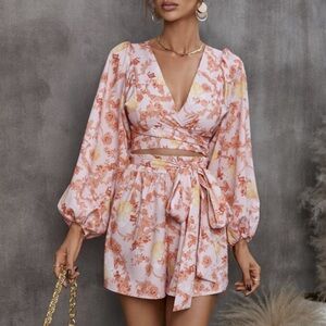 Pink Floral Romper Long Sleeve Cut Out V-Neck